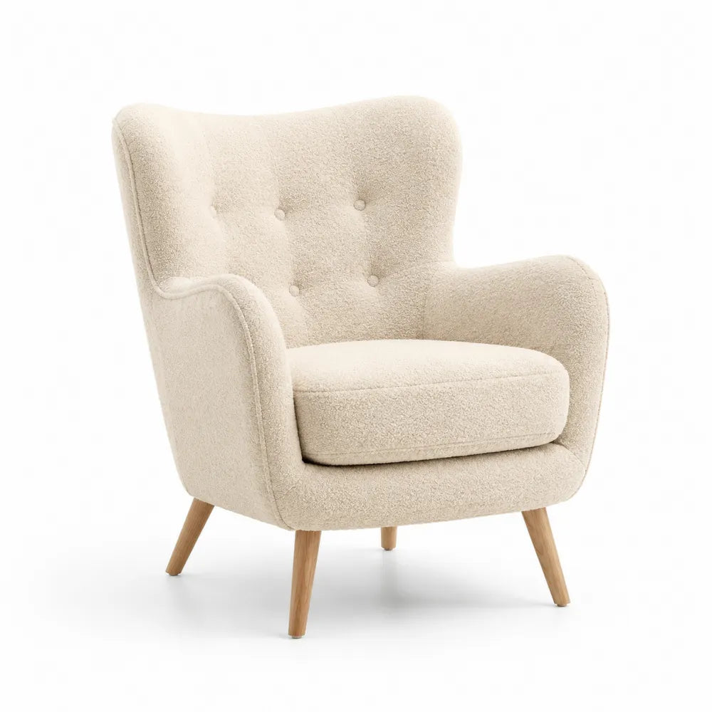 Fauteuil de salon revêtement tissu bouclé crème dossier capitonné accoudoirs pieds bois naturel 75 cm 80 cm 95 cm