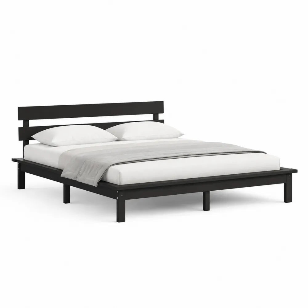 Lit double 160x200 cm cadre de lit en acier avec sommier à lattes bois de bouleau tête de lit noire structure minimaliste
