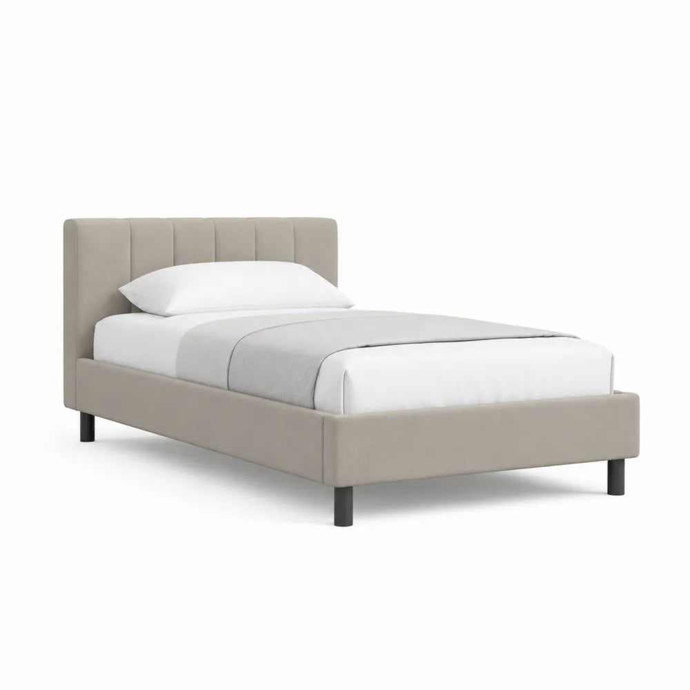 Cadre de lit rembourr¨¦ 90 x 200 cm t¨ºte de lit capitonn¨¦e verticale tissu polyester beige pieds cylindriques noirs