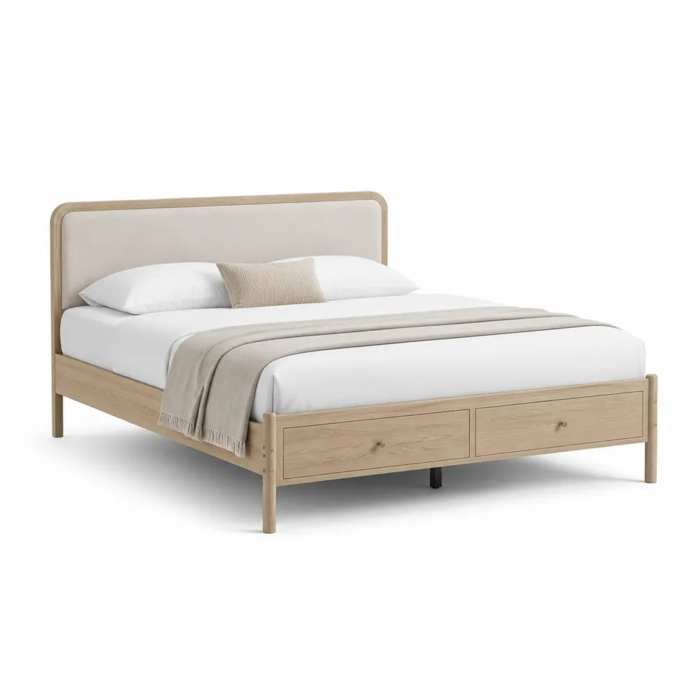 Lit double 160x200 cm cadre en ch¨ºne clair avec t¨ºte de lit rembourr¨¦e beige et 2 tiroirs de rangement bois naturel pieds noirs