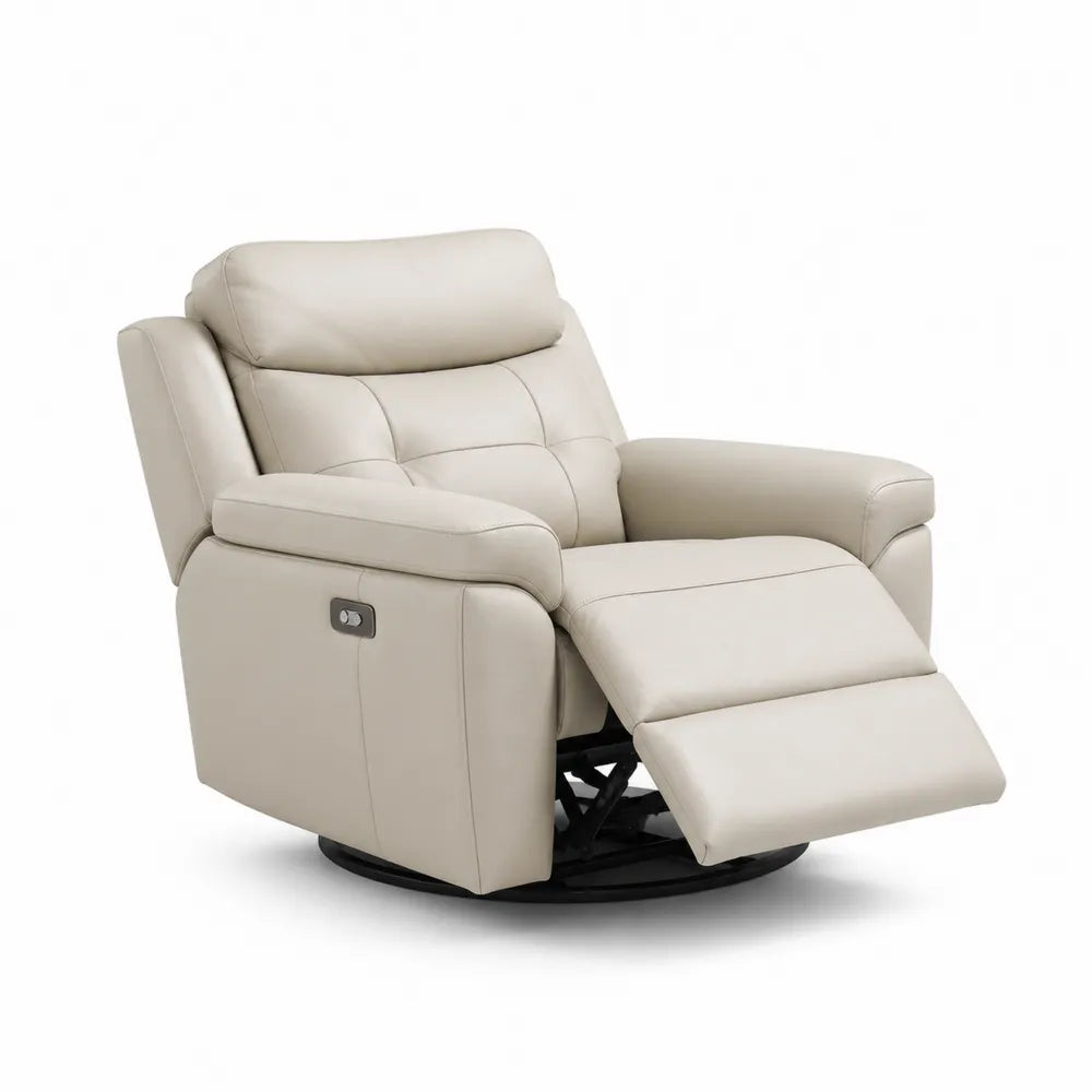 Fauteuil relax inclinable pivotant cuir synthétique beige avec repose-pieds intégré base acier noir structure réglable