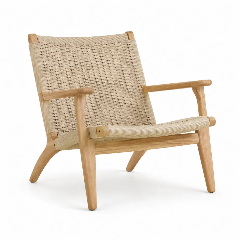 Fauteuil de salon en corde tressée polyester structure bois de hêtre naturel accoudoirs assise beige 68 cm 72 cm 78 cm
