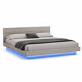 Bettgestell Plattformbett Grau Eichenoptik LED Beleuchtung Blau Holzwerkstoff Kopfteil 160 x 200 cm rechteckig