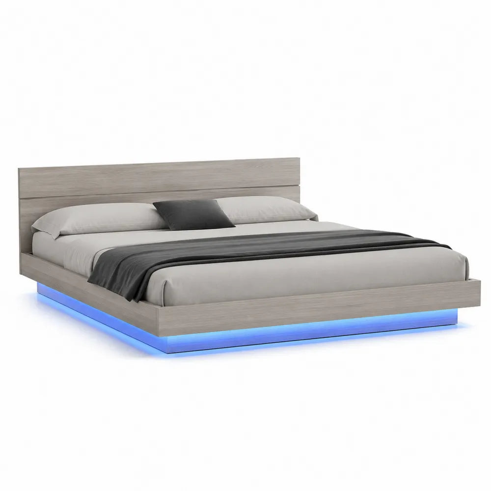 Bettgestell Plattformbett Grau Eichenoptik LED Beleuchtung Blau Holzwerkstoff Kopfteil 160 x 200 cm rechteckig