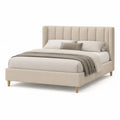 Lit double 160x200 cm cadre en bois avec tête de lit capitonnée verticale beige pieds en bois massif sommier à lattes