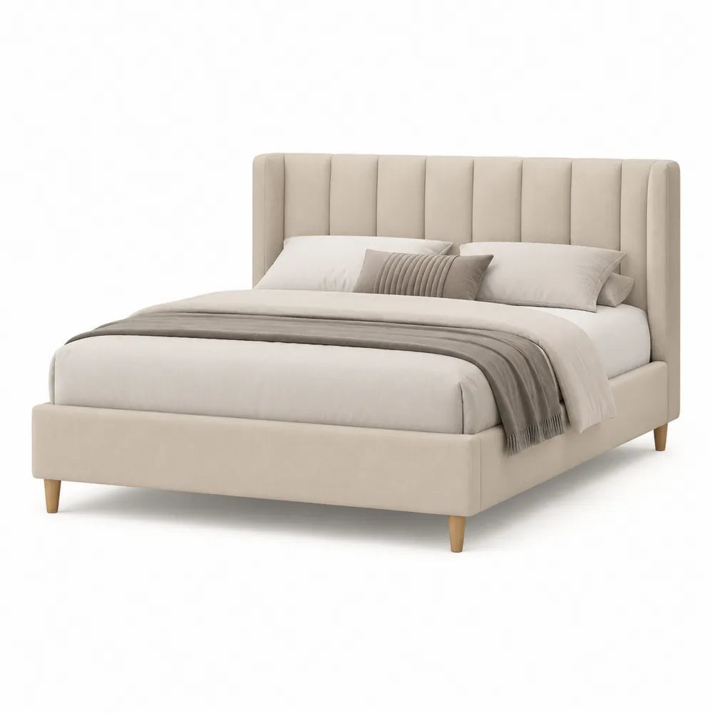 Lit double 160x200 cm cadre en bois avec tête de lit capitonnée verticale beige pieds en bois massif sommier à lattes