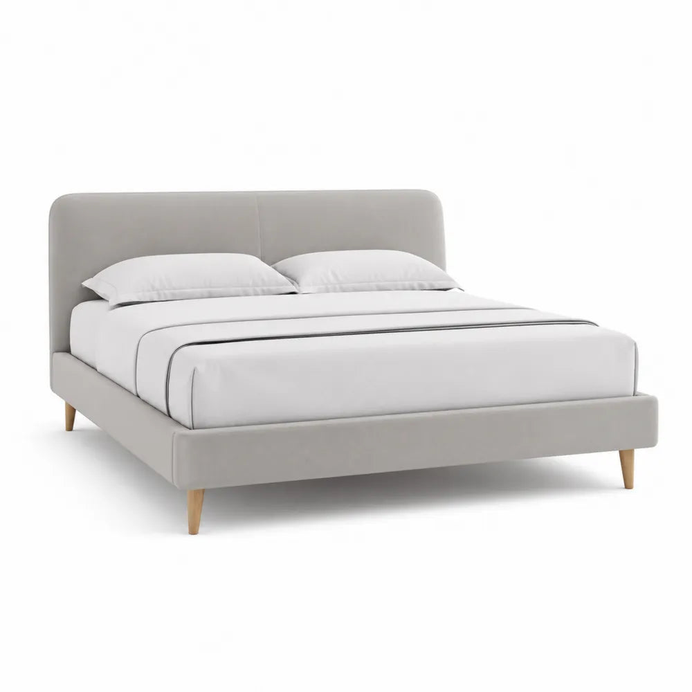 Lit cadre de lit 160 x 200 cm tête de lit rembourrée tissu polyester gris clair structure MDF sommier à lattes bois de bouleau pieds en bois d'hévéa massif 210 x 170 x 105 cm