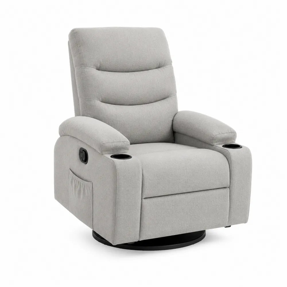 Fauteuil relax inclinable pivotant tissu polyester gris porte-gobelets base acier noir 80 cm 90 cm 105 cm