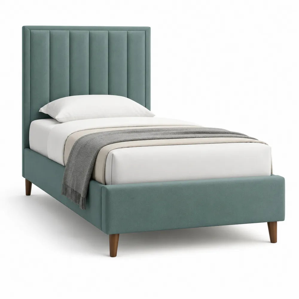 Cadre de lit rembourr¨¦ 90 x 200 cm t¨ºte de lit capitonn¨¦e verticale vert sauge pieds en bois massif sommier ¨¤ lattes