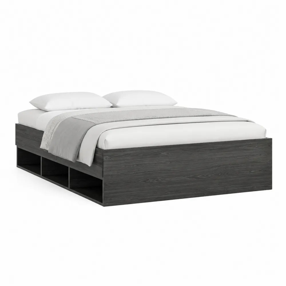 Lit plateforme 160 x 200 cm structure en panneaux de particules gris anthracite rangement ouvert intégré 218 x 165 x 40 cm