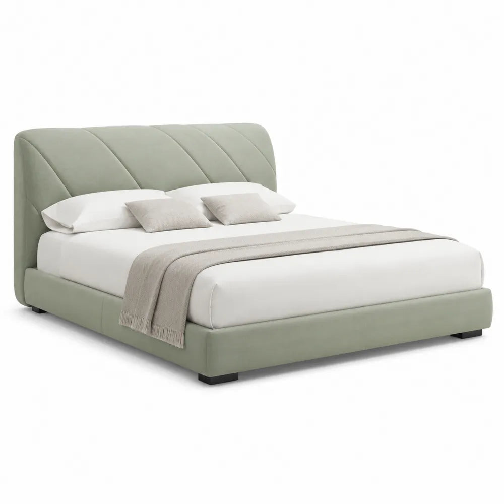 Cadre de lit 160 x 200 cm vert sauge tête de lit capitonnée diagonale structure bois MDF revêtement polyester pieds métal noir rectangulaire