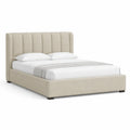 Cadre de lit 160 x 200 cm beige t¨ºte de lit capitonn¨¦e verticale structure bois MDF rev¨ºtement polyester pieds noirs sommier ¨¤ lattes rectangulaire