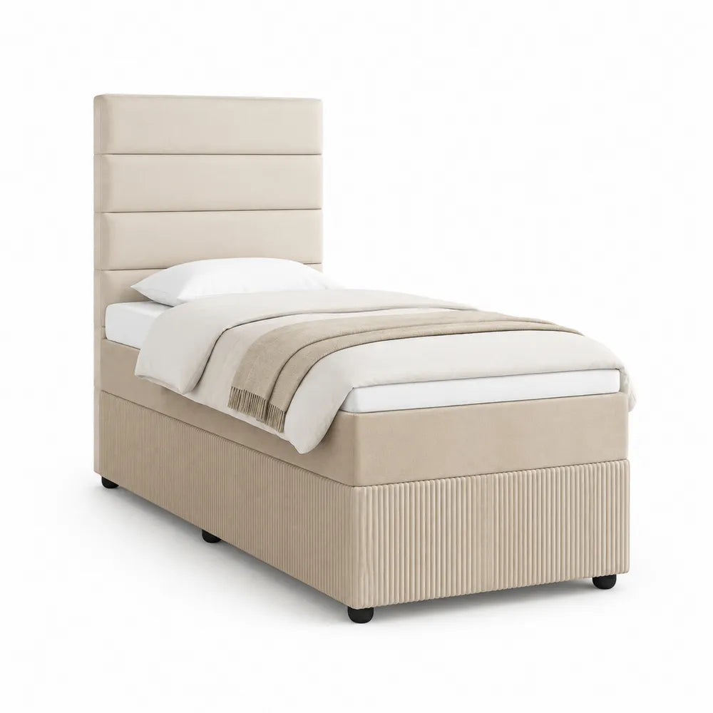 Cadre de lit rembourr¨¦ 90 x 200 cm t¨ºte de lit capitonn¨¦e verticale base cannel¨¦e tissu polyester beige pieds noirs