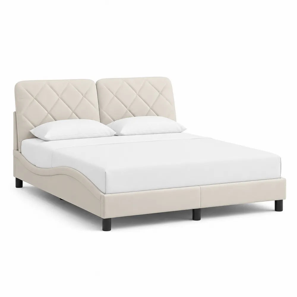 Lit 160 x 200 cm cadre de lit avec t¨ºte de lit capitonn¨¦e carr¨¦e tissu polyester beige gris pieds noirs