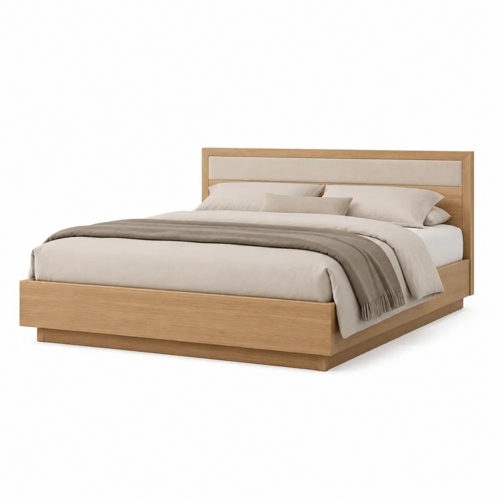 Cadre de lit 160 x 200 cm beige tête de lit à lattes horizontales structure bois MDF revêtement polyester pieds bois massif rectangulaire