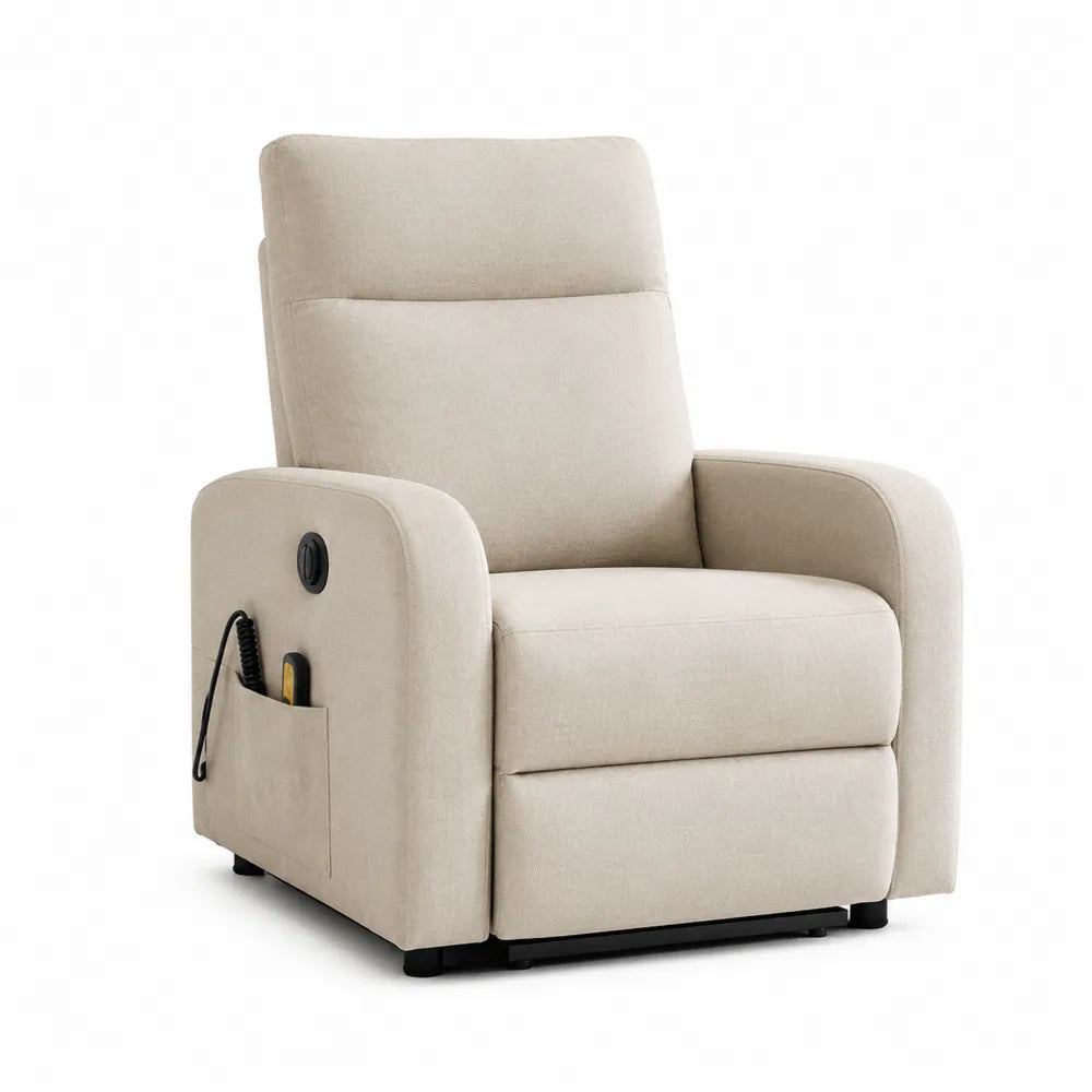 Fauteuil relax électrique 82 x 94 x 105 cm revêtement polyester beige structure acier noir avec repose-jambes extensible et télécommande latérale
