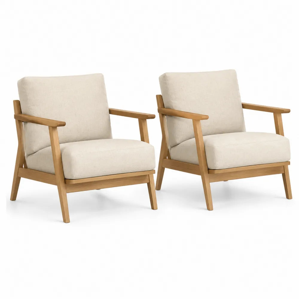Fauteuils de salon lot de 2 assise rembourrée tissu polyester beige structure bois massif accoudoirs en bois dimensions 72 cm 75 cm 80 cm