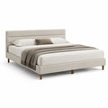 Cadre de lit 160 x 200 cm beige tête de lit capitonnée horizontale structure bois MDF revêtement tissu polyester pieds bois massif rectangulaire