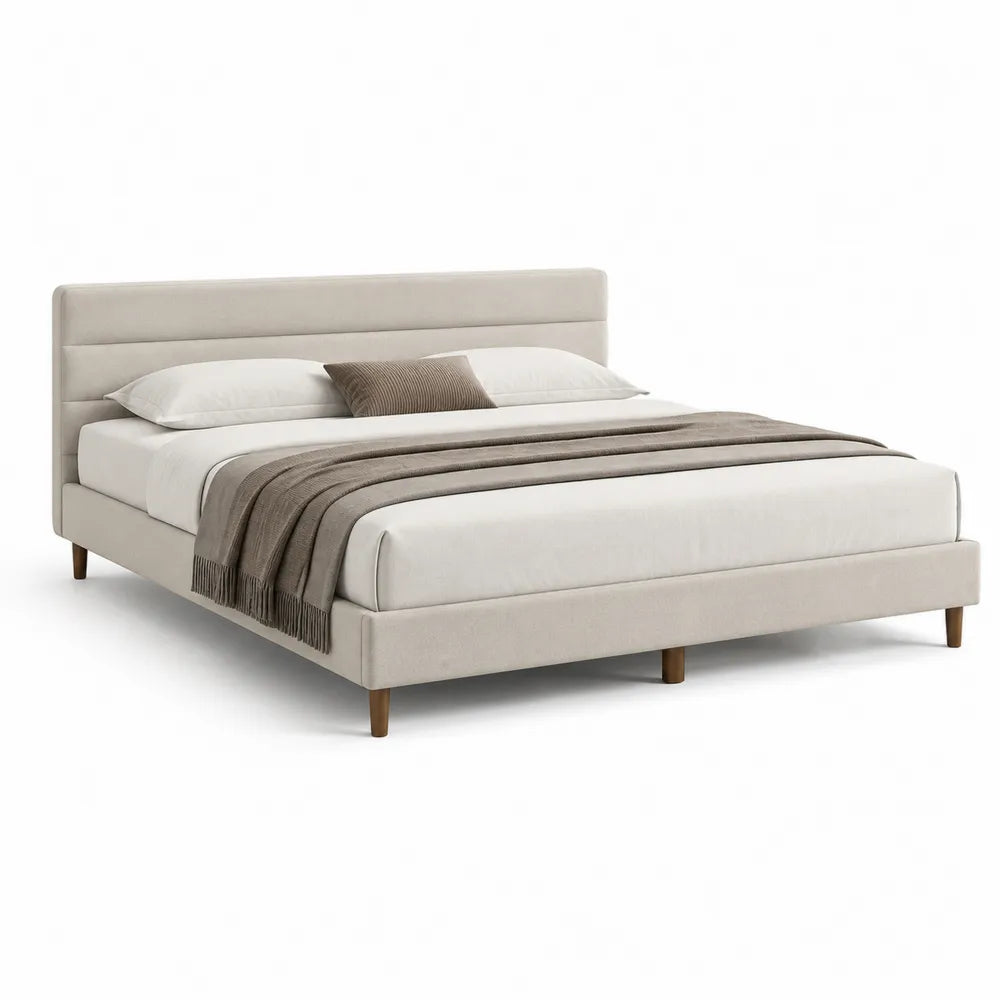 Cadre de lit 160 x 200 cm beige tête de lit capitonnée horizontale structure bois MDF revêtement tissu polyester pieds bois massif rectangulaire