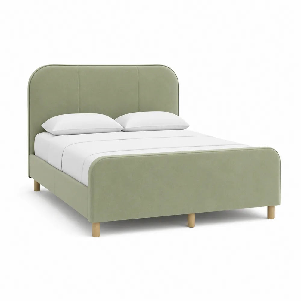 Lit 160 x 200 cm cadre de lit rembourré tête de lit arrondie tissu polyester vert sauge structure bois massif pin pieds bois naturel