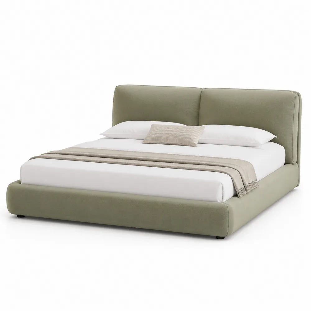 Lit double 180 x 200 cm cadre de lit rembourré tissu polyester vert sauge avec tête de lit capitonnée et base basse
