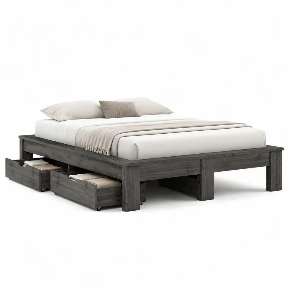 Lit plateforme 160 x 200 cm avec tiroirs de rangement bois mélaminé gris foncé rectangulaire sans tête de lit